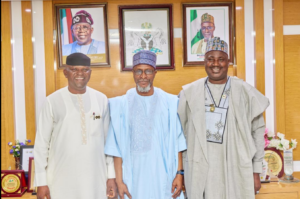 The Hon. Minister of Minister of Water Resources and Sanitation, Professor Joseph Utsev (left), The Chairman of the ACReSAL Federal Steering Committee and Minister of Environment, Mallam Balarabe Abbas Lawal (Middle) Minister of State for Agriculture and Food Security, Senator Aliyu Sabi Abdullahi (right) during the meeting at the Federal Ministry of Environment Headquarters, Abuja